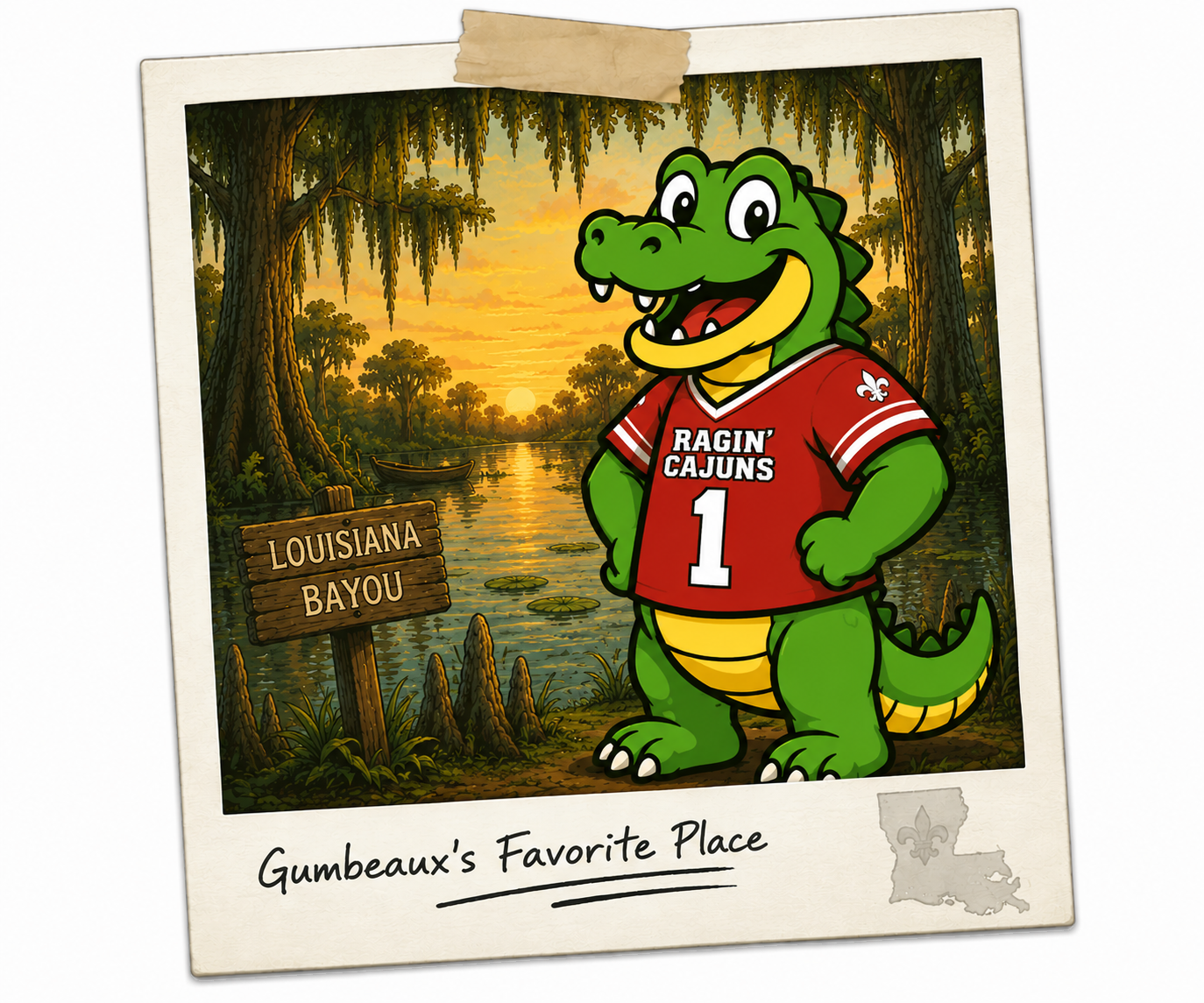Polaroid photo of Gumbeaux the Gator at Louisiana Bayou